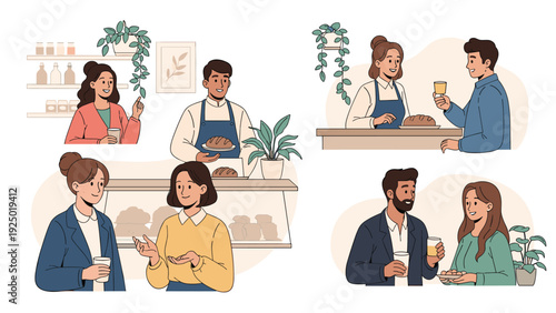 A set of four scenes depicting people interacting in a cozy coffee shop, including a baker, customers, and conversations.
