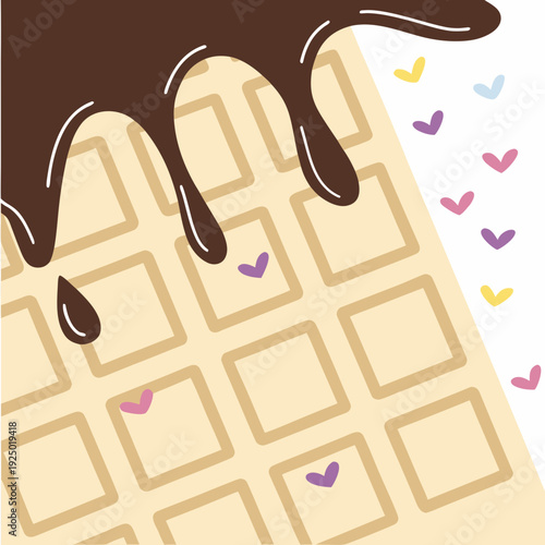 Dark chocolate sauce drips down from the top left corner, while small, colorful pastel hearts in pink, purple, yellow, and blue are scattered across the right side and inside the grid squares.