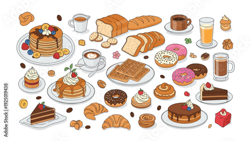 A large and delicious collection of hand-drawn breakfast and dessert items, including pancakes, waffles, donuts, and coffee.