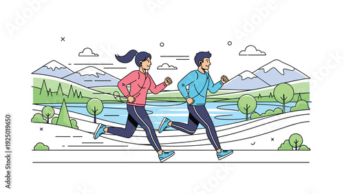 A young man and woman are jogging together through a scenic park with a lake and mountains, listening to music on earphones.