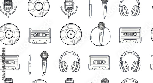 Retro music icons pattern: microphones, vinyl, cassettes, and headphones