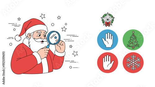Santa Claus is looking through a magnifying glass at a star, with a set of four simple Christmas-themed linear icons.
