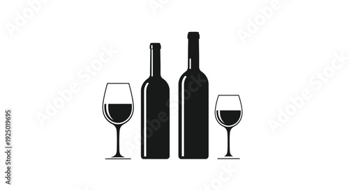 Minimalist black and white vector graphic illustration featuring two distinct wine bottles standing beside two elegant stemmed wine glasses filled with dark liquid