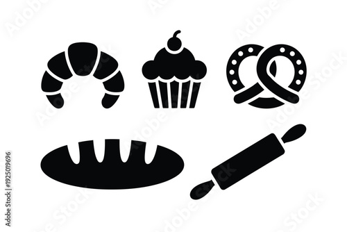 Assorted black and white icons representing various baked goods and kitchen tools isolated on white background, Vector, illustration