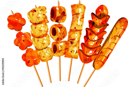 Assorted Grilled Fish Balls and Meat Skewers Illustration for Asian Street Food