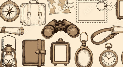 Vintage travel and exploration equipment seamless pattern background