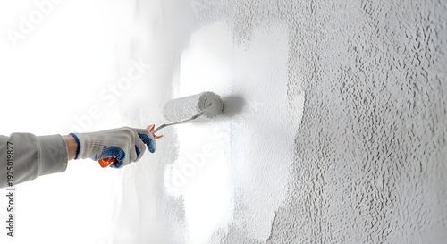 A gloved hand painting a wall with a roller