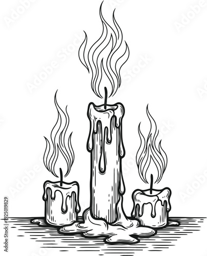 Three melting candles with flickering flames in a sketch style