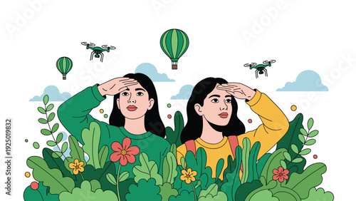 Two curious women standing in lush greenery, shielding their eyes to look into the distance at drones and hot air balloons in the sky.