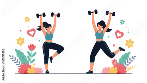 Energetic young woman in two different poses exercising with dumbbells, surrounded by colorful flowers and hearts for a healthy lifestyle.