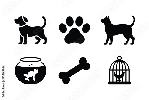 Black and white icons representing various pets and their accessories isolated on white background, Vector, illustration