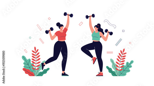 Two fit young women in activewear exercising together, lifting dumbbells in different poses as part of a dynamic fitness routine.