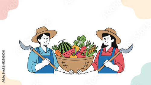 Male and female farmers in hats and aprons holding sickles and presenting a large basket filled with fresh, colorful produce.