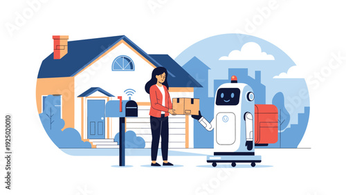 Futuristic delivery robot on wheels delivering a package to a woman standing outside her suburban home with a mailbox nearby.