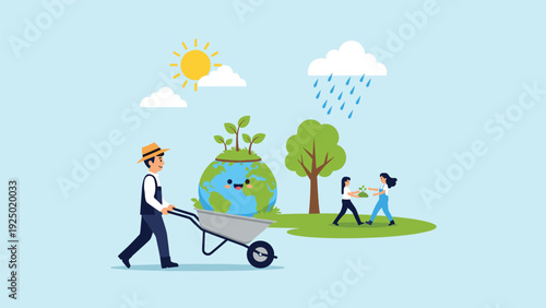 People caring for the planet, with a man pushing a cute Earth in a wheelbarrow and two women planting trees for Earth Day.