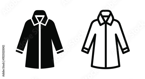 Two black and white icons depicting a hooded overcoat or trench coat