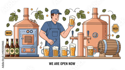 Male brewer in a craft brewery presenting freshly poured beers, with brewing equipment like tanks, barrels, and hops in the background.