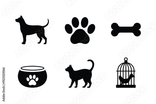 Black and white icons representing various elements of pet ownership and care isolated on white background, Vector, illustration
