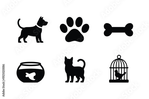 Black and white icons representing pets and pet-related items isolated on white background, Vector, illustration