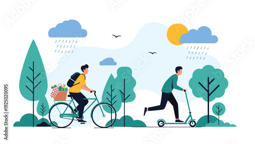 Two men enjoying outdoor activities in a park, one riding a bicycle with a picnic basket and the other on an electric scooter.