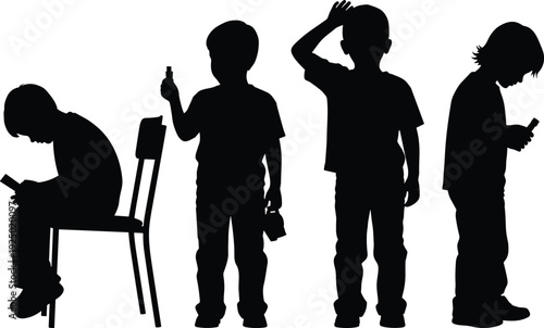 Children Using Smartphones Silhouettes Isolated on White Background, Kids Mobile Phone Addiction and Technology Concept Illustration