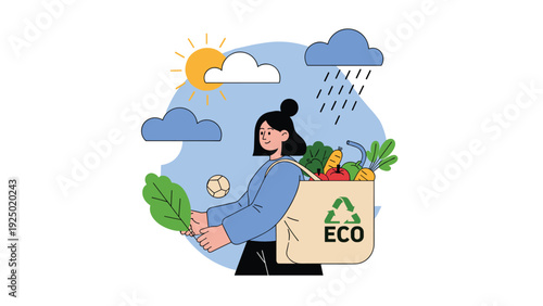 Happy woman carrying a reusable eco tote bag full of fresh vegetables, promoting a sustainable and healthy lifestyle under a changing sky.
