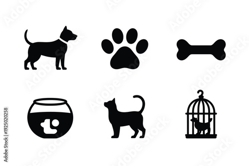 Black and white icons representing various pets and pet-related items. isolated on white background, Vector, illustration