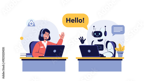 A female customer support agent with a headset waving hello to a friendly AI chatbot, illustrating human and robot collaboration.
