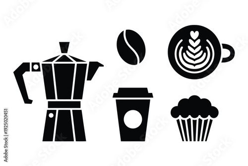 Collection of iconic coffee-making and serving items in black and white isolated on white background, Vector, illustration