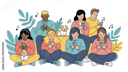 A diverse group of young people and their dogs sitting together, all engrossed in their smartphones and listening to music.