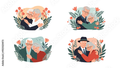 A set of four illustrations showing a loving elderly couple hugging each other, surrounded by beautiful flowers and leaves.