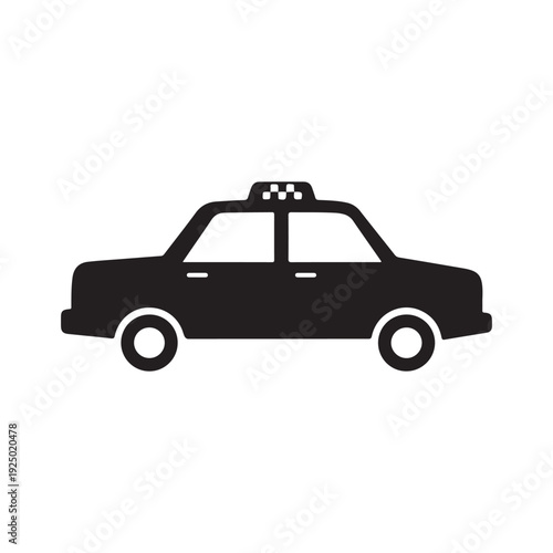 Black silhouette of a taxi cab with checkered light on top  simple icon of a car with white windows and wheels