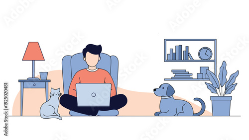 Young man working from home, sitting cross-legged in a chair with a laptop, accompanied by his cat and dog in a cozy room.
