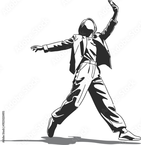 Sketch of a person in a hooded jacket and pants dancing