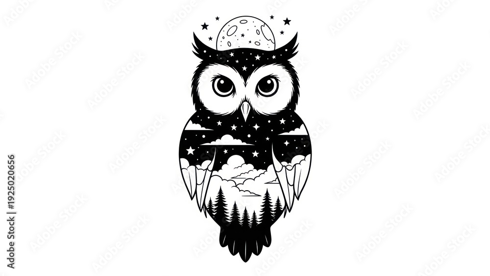 Fototapeta premium A black and white illustration of an owl with large eyes