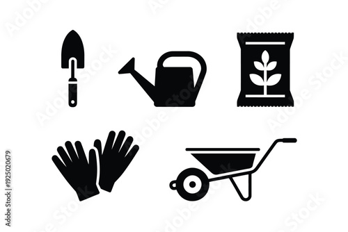 Classic gardening tools and supplies illustrated in black and white icons isolated on white background, Vector, illustration