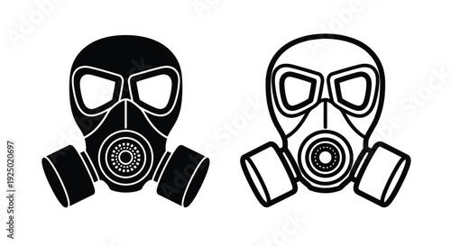 Two black and white illustrations of gas masks facing forward