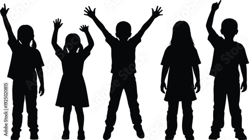 Children Silhouettes with Raised Hands Isolated on White Background, Happy Kids Standing Together, Education and Childhood Concept Illustration