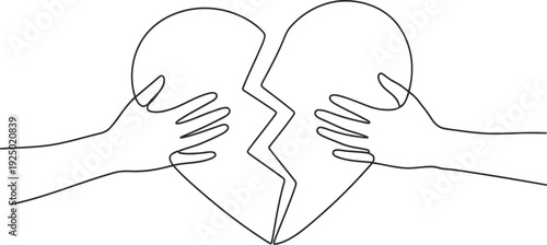 Hands trying to mend a broken heart in simple line art