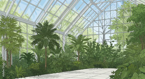 Bright vector illustration of a lush tropical botanical garden greenhouse interior.