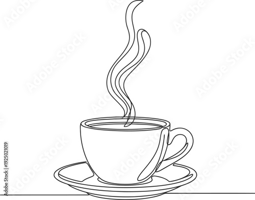 Single line drawing of a steaming cup of coffee on a saucer