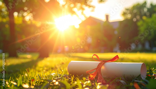 Graduation diploma on sunny university campus lawn