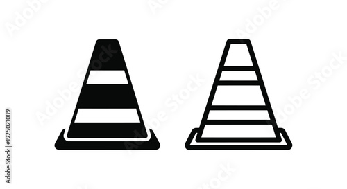 Two traffic cones displayed in a simple black and white illustration