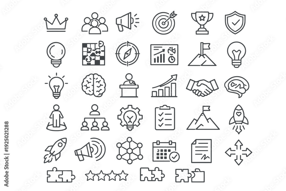 Fototapeta premium A collection of business and technology icons displayed in a grid layout on a clean white background from a straightforward viewpoint