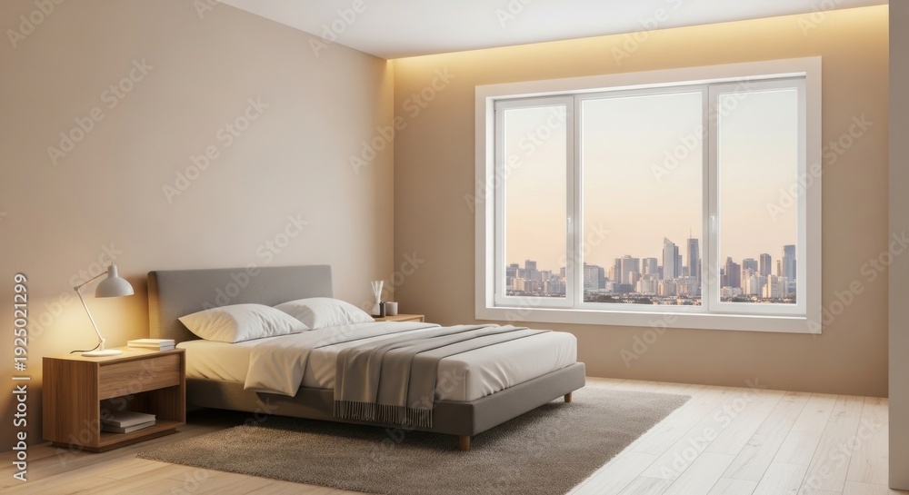 Fototapeta premium A serene bedroom with a large window overlooking a city skyline at sunset