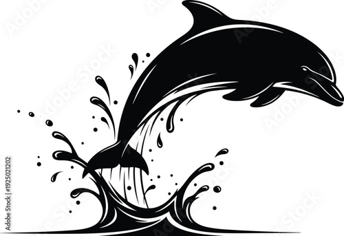Sleek black dolphin leaping joyfully from splashing water