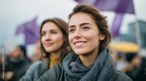 Women activists holding gender equality signs and purple banners during March 8th street rally, ideal for International Women Day, female empowerment movement, social justice, feminist tradition,