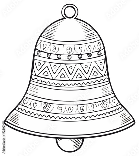 Hand-drawn decorative bell with intricate traditional patterns and ringing clapper illustration