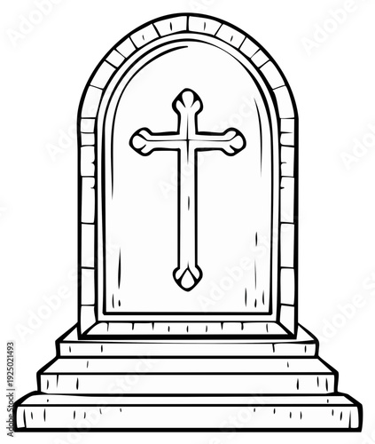 Christian cross carved on a stone tombstone with steps in a cemetery