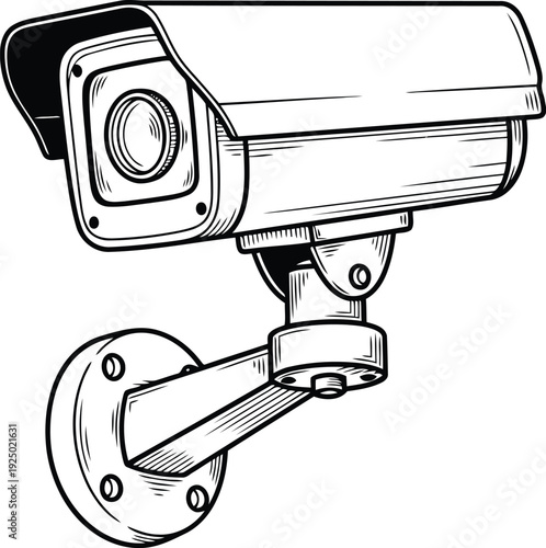 Black and white illustration of a security camera mounted on a wall